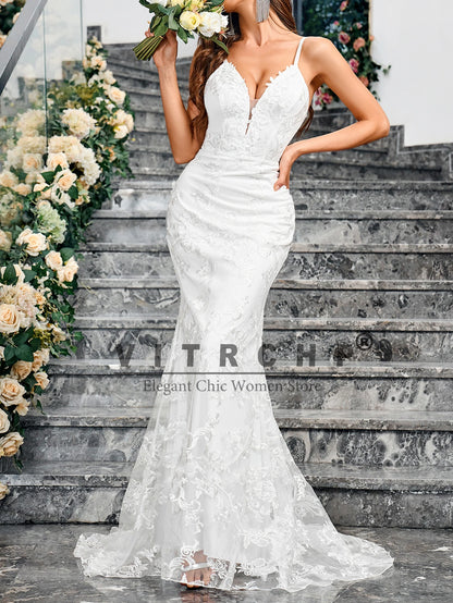 VITRCHP Sleeveless V Neck Sequined Mermaid Wedding Dress