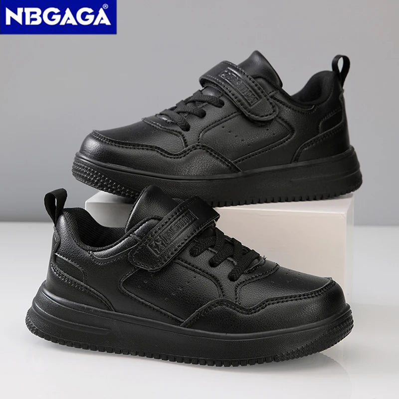 Kids Black Leather Sneakers - Lightweight & Non-Slip