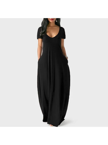 Women's S-5XL Plus  Size New Evening Dress Sexy Large Women's Solid Color Dress Sexy Deep V Short sleeved Long Skirt