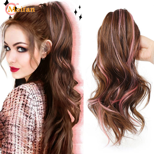 MEIFAN Synthetic Long Natural Wavy Curly Claw Clip On Ponytail Hair Extension False Hairpiece Highlight Pink Ponytail for Women