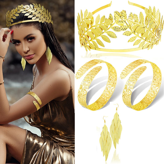 Greece Greek Goddess Cosplay Party Jewelry Baroque Golden Leaf Crown Bridal Headwear Halloween Accessories Earring Cuff Bracelet