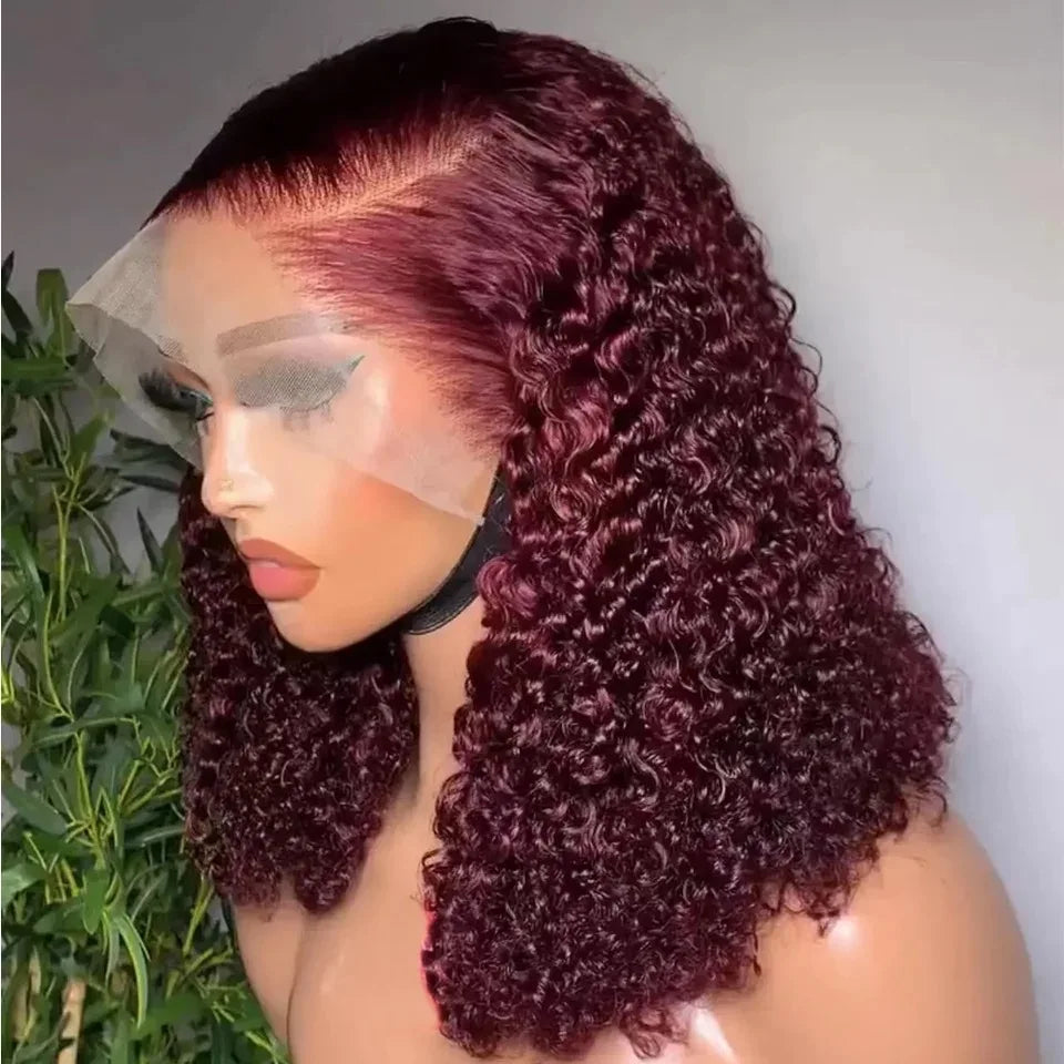 Water Wave Short Bob Cut 99J Red Burgundy Lace Front Wig