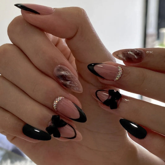 Black French Tip Press-On Nails with 3D Bowknot & Stars