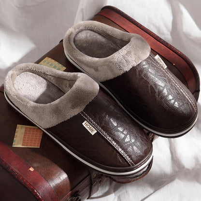 Men's Cozy Winter Indoor Slippers - Plush Waterproof Leather