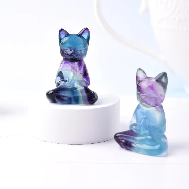 Natural Fluorite Carving Cat Figurine - Crystal Animal Decor