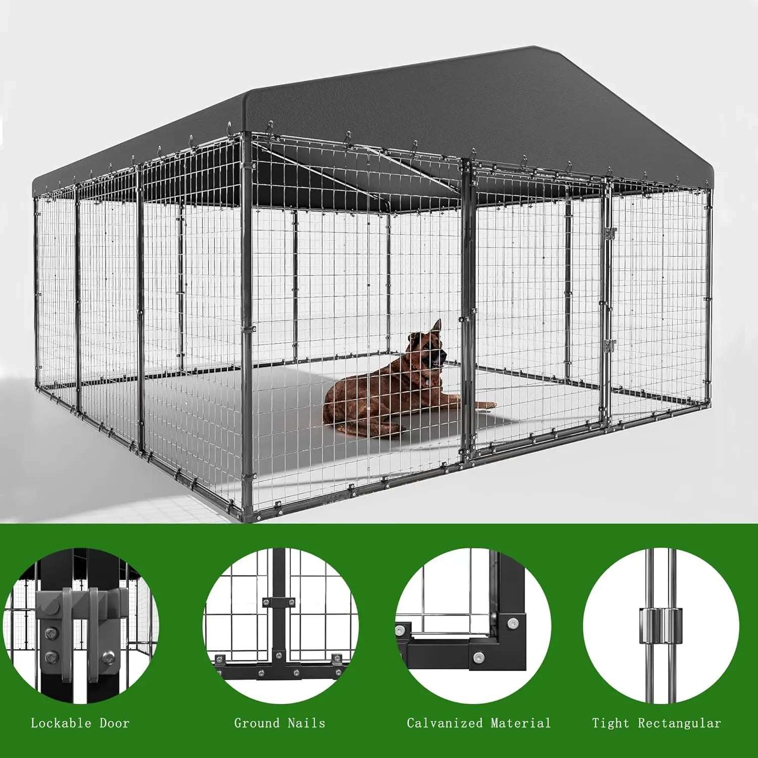 Large Outdoor Dog Kennel,W 118" x D 118" x H 70" Heavy Duty Dog Cage with RoofDog Playpen Galvanized Steel Dog Fence with Double