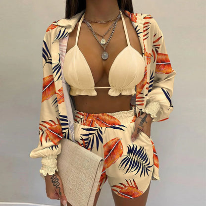 2024 Bohemia Beach Summer Women Clothing Outfits Fashion Spring Sling Tops Long Shirt Short Pants 3 Pcs Sets