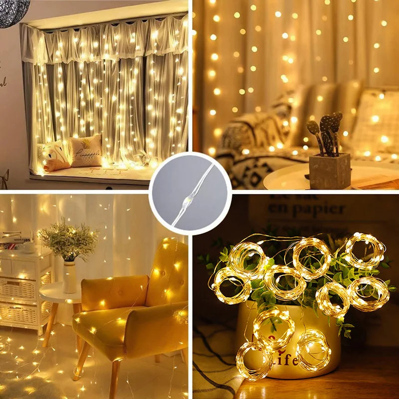 Christmas Lights LED Fairy String Curtain Lights 8 Mode Remote USB Festoon Christmas Decor For Home Holiday New Year Lamp