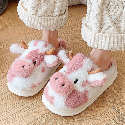 Women's Cozy Cartoon Cow Slippers - Furry Indoor Shoes