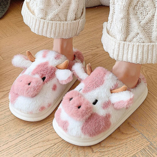 Women's Cozy Cartoon Cow Slippers - Furry Indoor Shoes