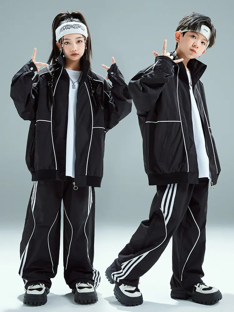 Boys Hip Hop Black Baseball Coat & Baggy Pants Set