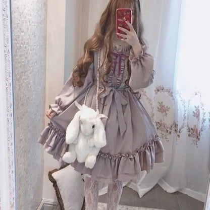 Alice In Wondeland Cute Women Lolita OP Dress Flouncing Lace Trim Japanese Harajuku Long Sleeves Doll Teen Dress Fairy Vestidos