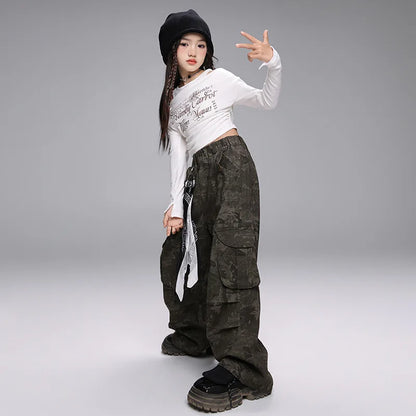 Girls Hip Hop Cold Shoulder T-Shirt & Cargo Pants Set