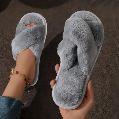 Plush Faux Fur Cross Strap Slippers for Women