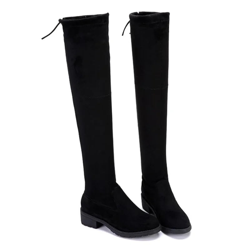 Warm Over The Knee Black Suede Boots for Women