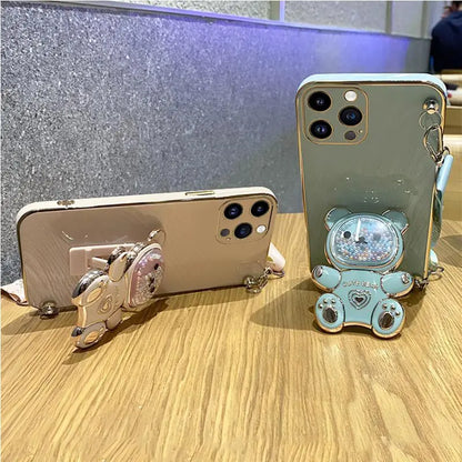 Quicksand Bear Holder Lanyard Phone Case For iPhone 14 11 12 13 Pro Max Mini 8 7 6 6S Plus 10 X Xr Xs Max SE Strap Stand Cover