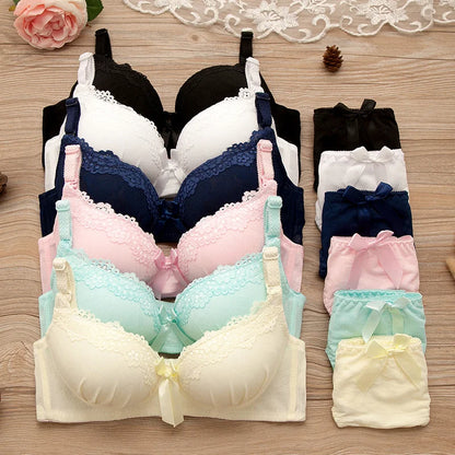 Girl Sweet Wireless Bra Lace Bows Underwear Sets Breathable Small Breast Bralette Top Briefs for Women Teen Girl Lingerie Suits