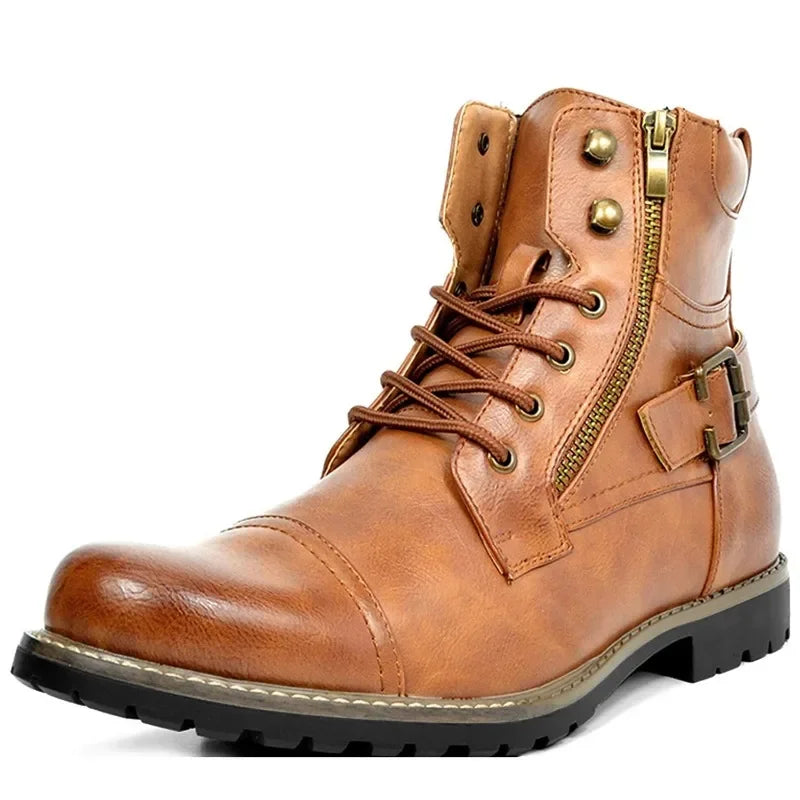 Men's Retro Leather Motorcycle Ankle Boots with Double Zipper