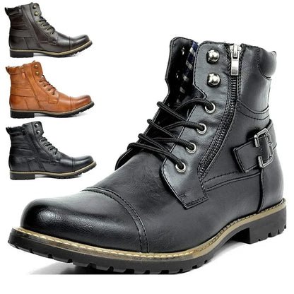 Men's Retro Leather Motorcycle Ankle Boots with Double Zipper