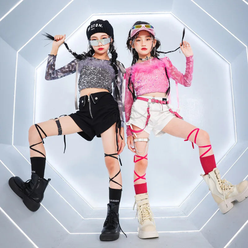 Girls K-pop Sequin Vest and Shorts Set - Hip Hop Dancewear