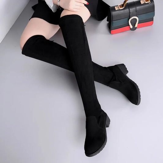 Warm Over The Knee Black Suede Boots for Women