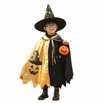 Kids Halloween Unisex Witch Cosplay Cloak + Witch Hat 2 Piece Costume Carnival Party Fancy Gold Black Color Blocking Dress Cape