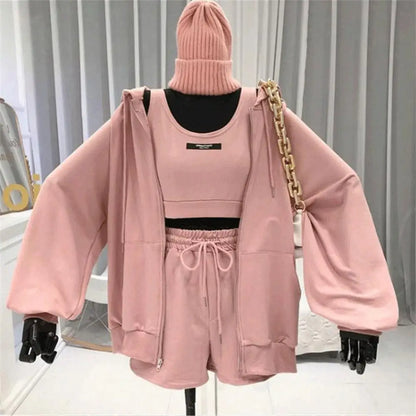 3Pcs/Set Women's Activewear Set Coordinated Vest Hoodie Sweatshirt Shorts Suit Fashionable Casual Sportswear for Sports