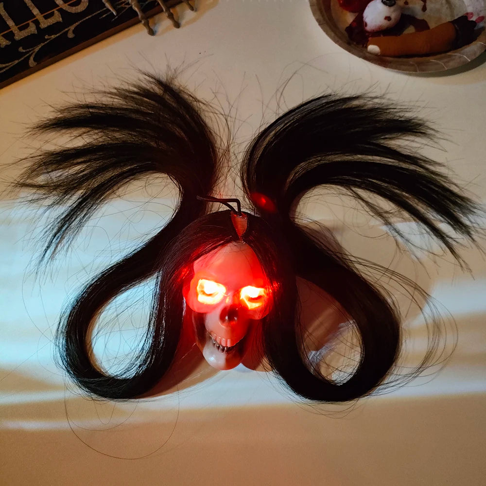 Halloween Hanging Ghost Skull with Long Hair Glowing Eyes Terror Skull Ghost House Head Skeleton Props 2023 Halloween Decoration