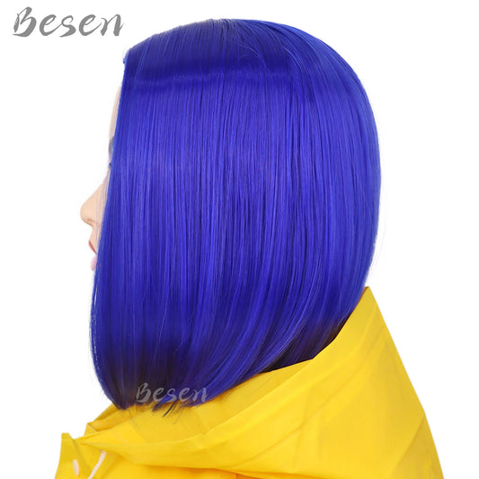 Synthetic Dark Blue Bob Wigs for Coraline Costume Women Girls Women's Costume Wigs Colored Bob Wigs for Cosplay Halloween Party