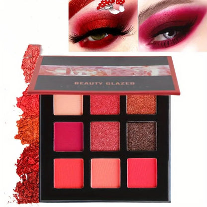 Matte Glitter Eyeshadow Palette 9 Colors, Red Color Tone Shimmer Eyeshadow Palette, Long Lasting High Pigmented Powder Colorful