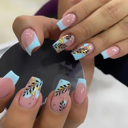 Nude Pink & Blue Fashion Leaves Square Press On Nails Set