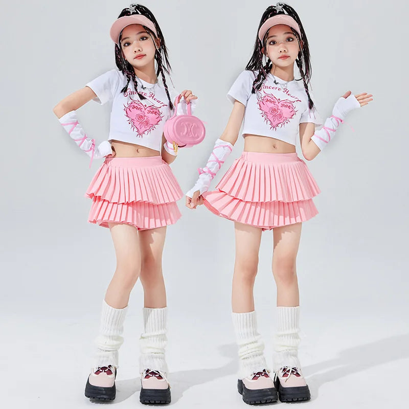 Kids Pink Hip Hop Dance Outfit with Sweet Heart Print Tee and Layered Tutu Skirt