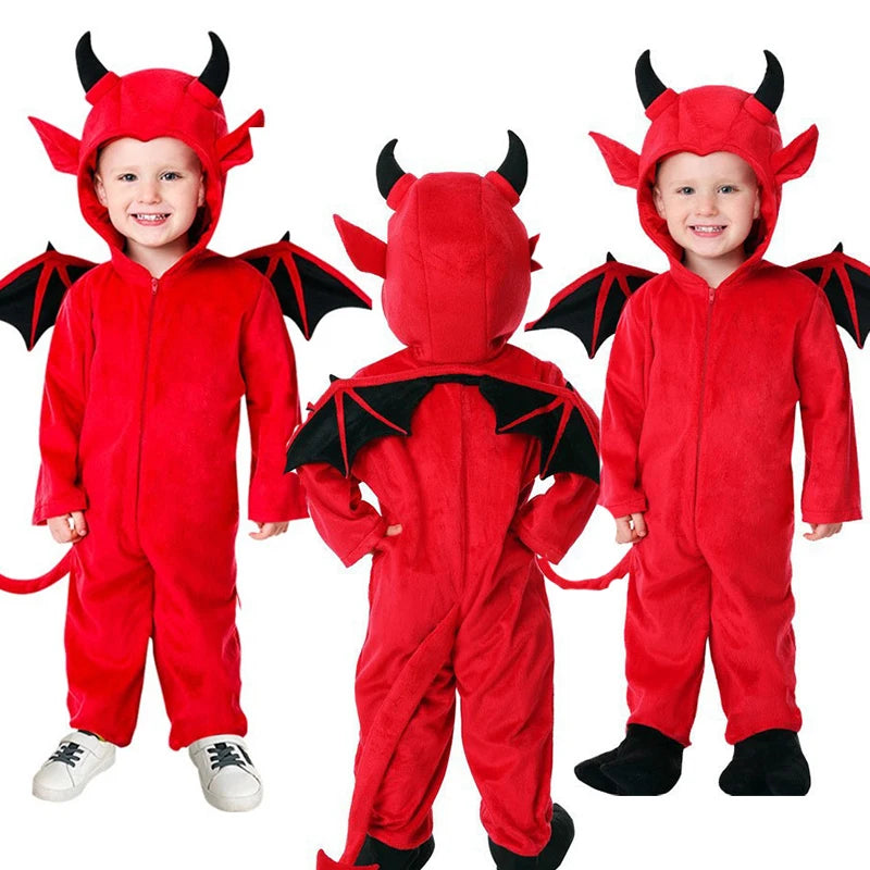 Kids Red Demon Devil Evil Bat Vampire Dress Halloween Cosplay Costumes Boys Girls Bull Ghost Party Role Playing Up jumpsuit