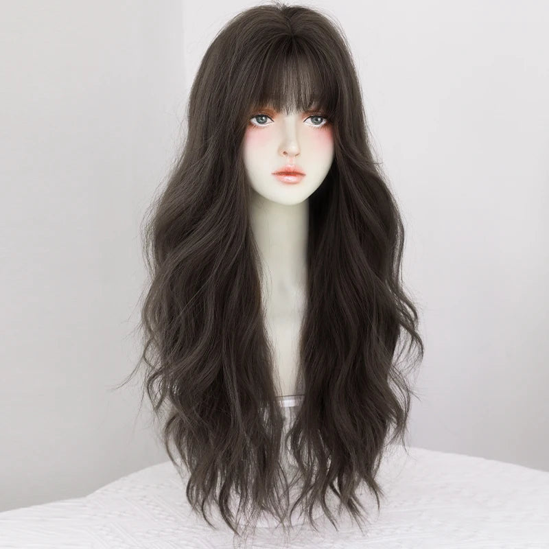 7JHH WIGS Heat Resistant Synthetic Natural Hair Wigs for Women Daily Use Loose Wave Dark Brown Wig with Neat Bangs Routine Wig