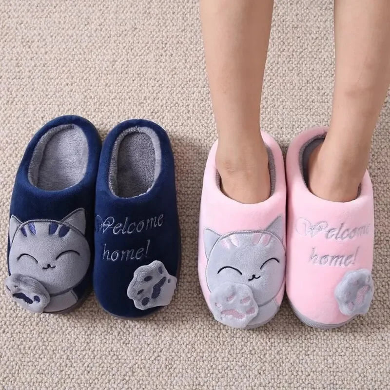 Playful Cartoon Cat Warm Winter Slippers for Women