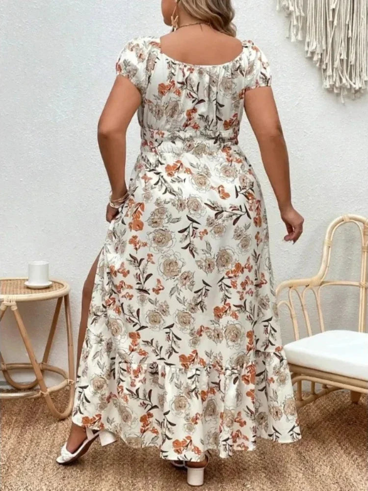 Women's 1-5XL Plus Size Suitable for outdoor white flower casual skirt large size women print loose summer dress