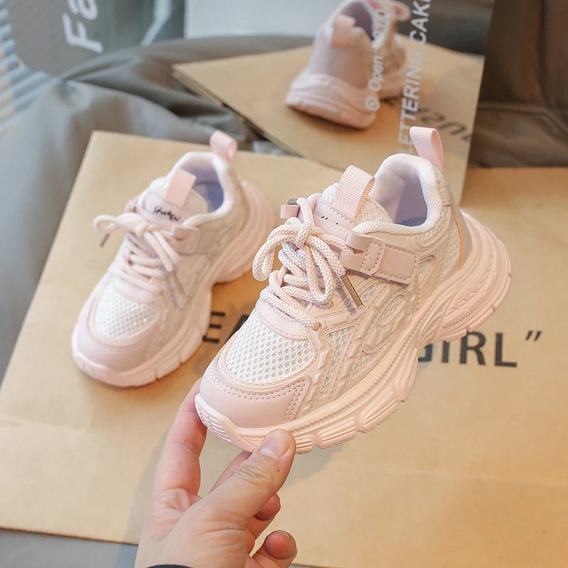 Playful Pink Beige Girls School Sneakers