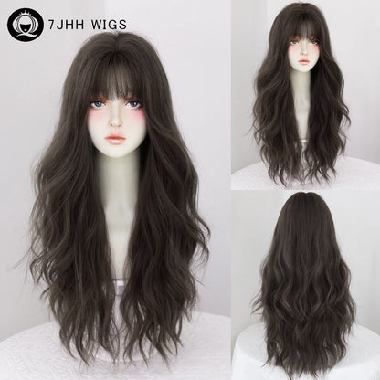 7JHH WIGS Heat Resistant Synthetic Natural Hair Wigs for Women Daily Use Loose Wave Dark Brown Wig with Neat Bangs Routine Wig