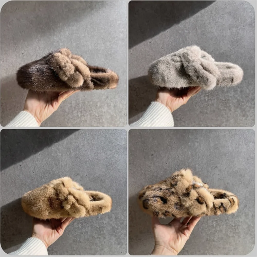 Playful Mink Fur Slippers for Women - Cozy Autumn Winter Mules