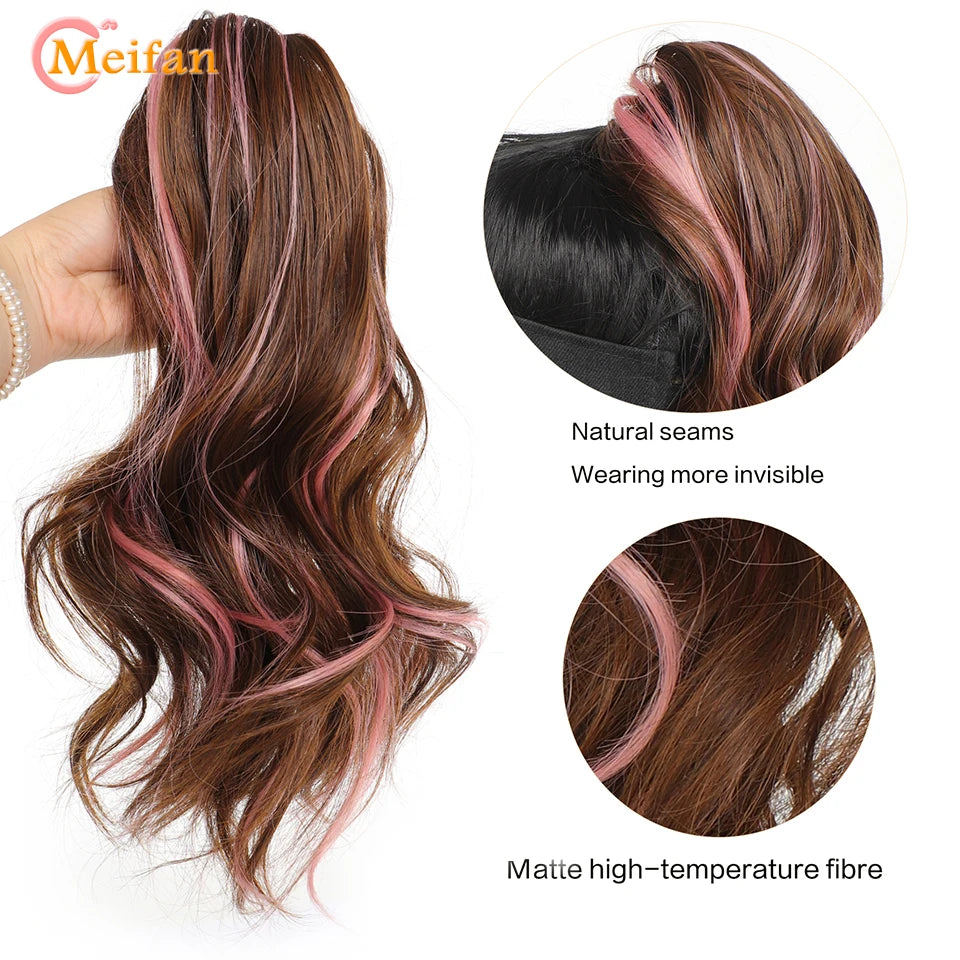 MEIFAN Synthetic Long Natural Wavy Curly Claw Clip On Ponytail Hair Extension False Hairpiece Highlight Pink Ponytail for Women