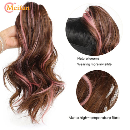 MEIFAN Synthetic Long Natural Wavy Curly Claw Clip On Ponytail Hair Extension False Hairpiece Highlight Pink Ponytail for Women