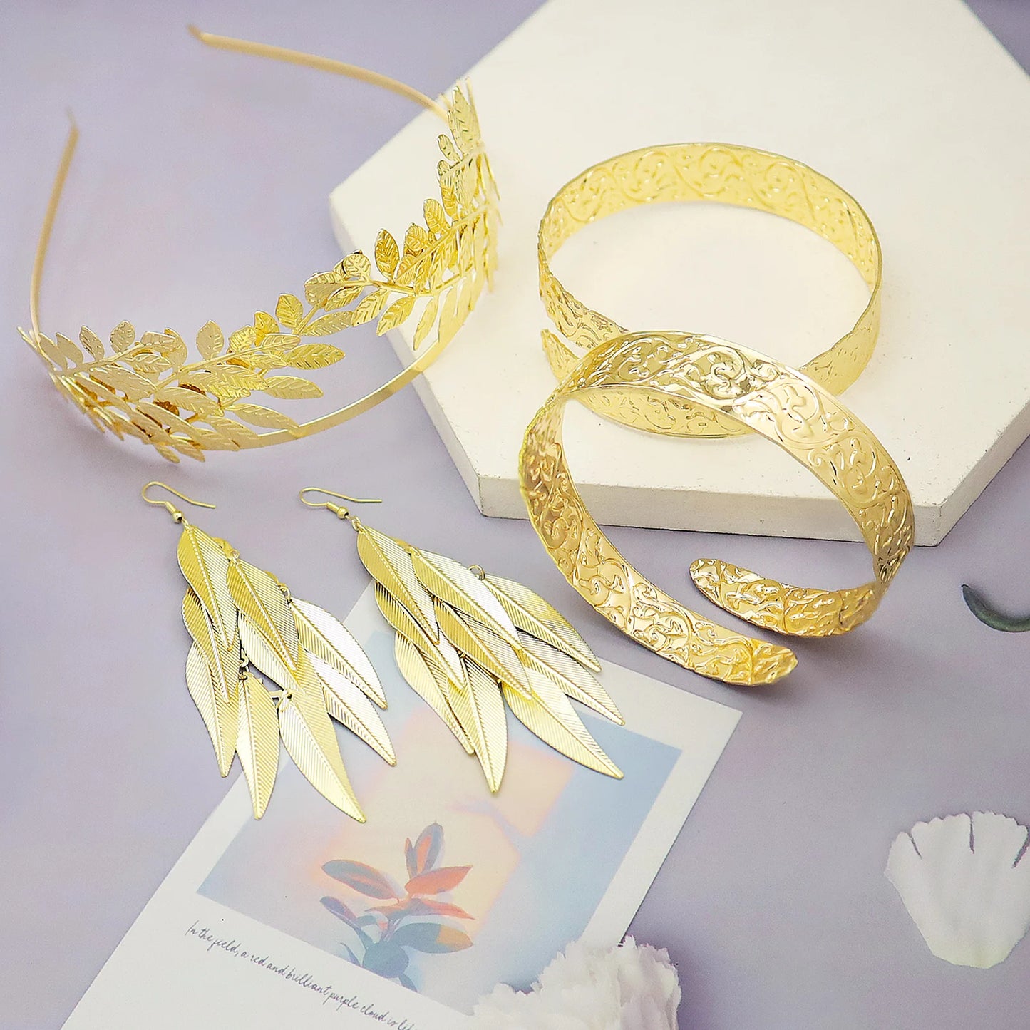 Greece Greek Goddess Cosplay Party Jewelry Baroque Golden Leaf Crown Bridal Headwear Halloween Accessories Earring Cuff Bracelet