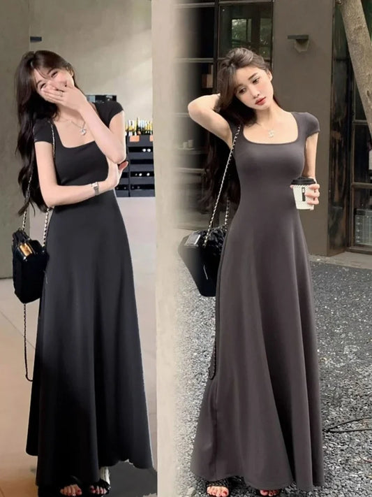 PTKPCC New Summer Waist-fitted Elegant French Style Women's Grey Short Sleeve Tank Dress Long Dress  Sexy Dress