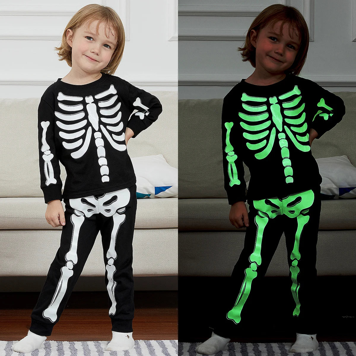 Kids Skeleton Costume Boys Girls Skull Glowing in the Dark Clothes Sets Child Halloween Party Costumes Novetly Cosplay  Outfit