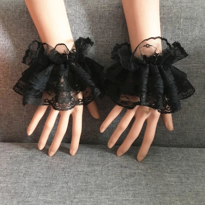 Lolita Hand Sleeve Detachable Lace Ruffled Wrist Cuffs Black White Elastic Fake Cuffs Wristband Girls Cosplay Accessories