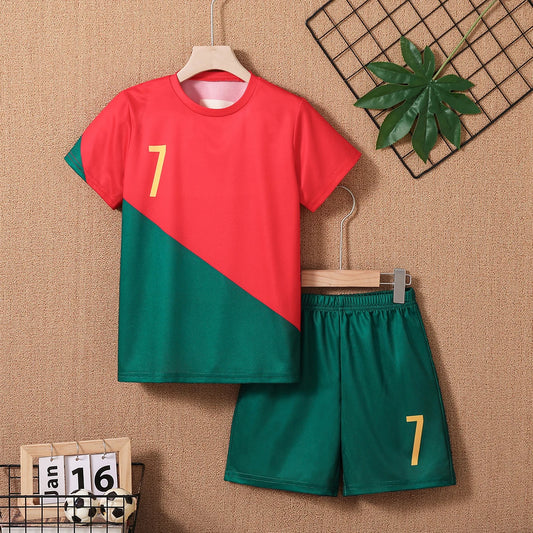 2024 Youth and Children Red and Green Splicing Color No. 7 Legend Quick-drying Sports Football Suit Set