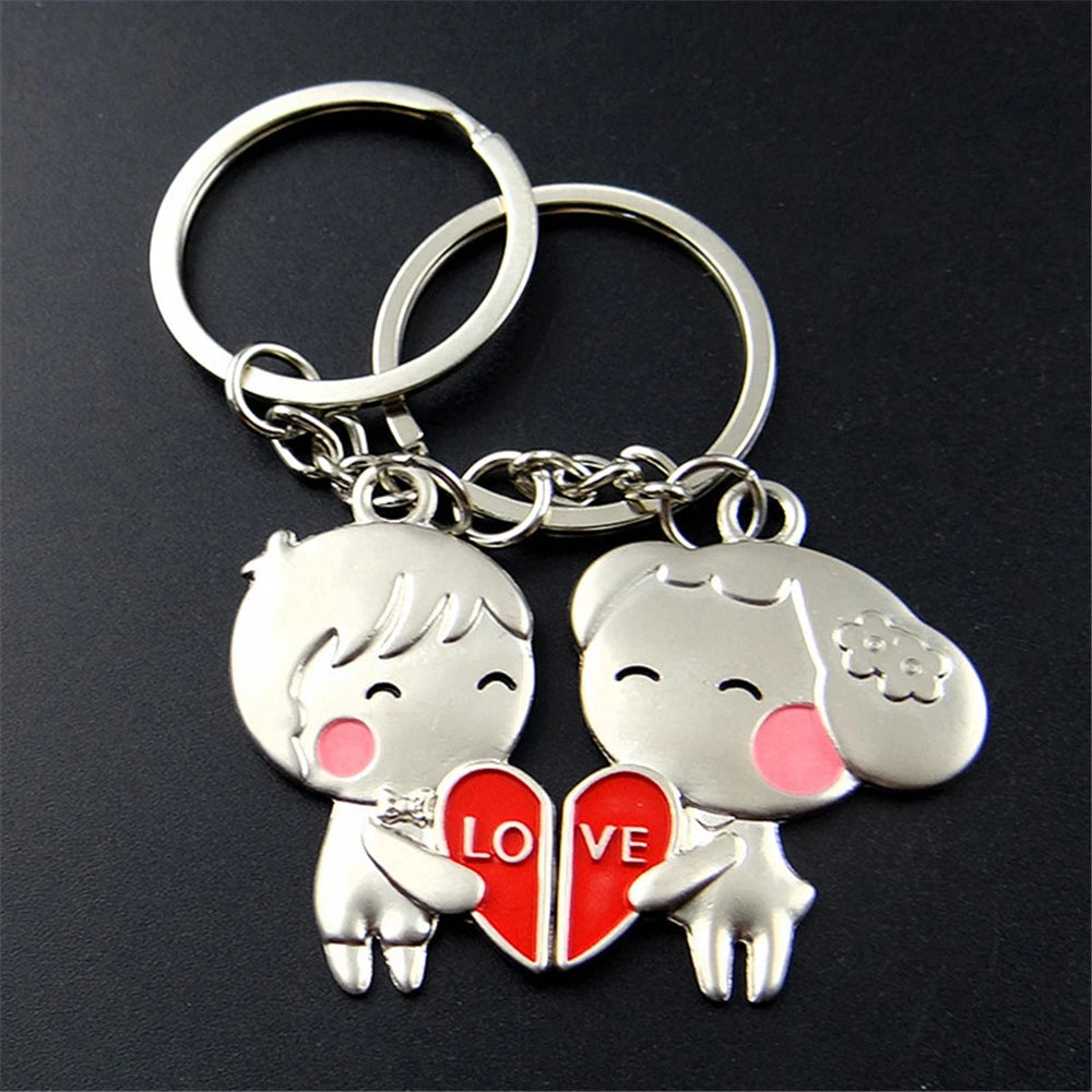 2pcs Heart Keychain Set - Cute Metal Cartoon Doll Couple Keyrings