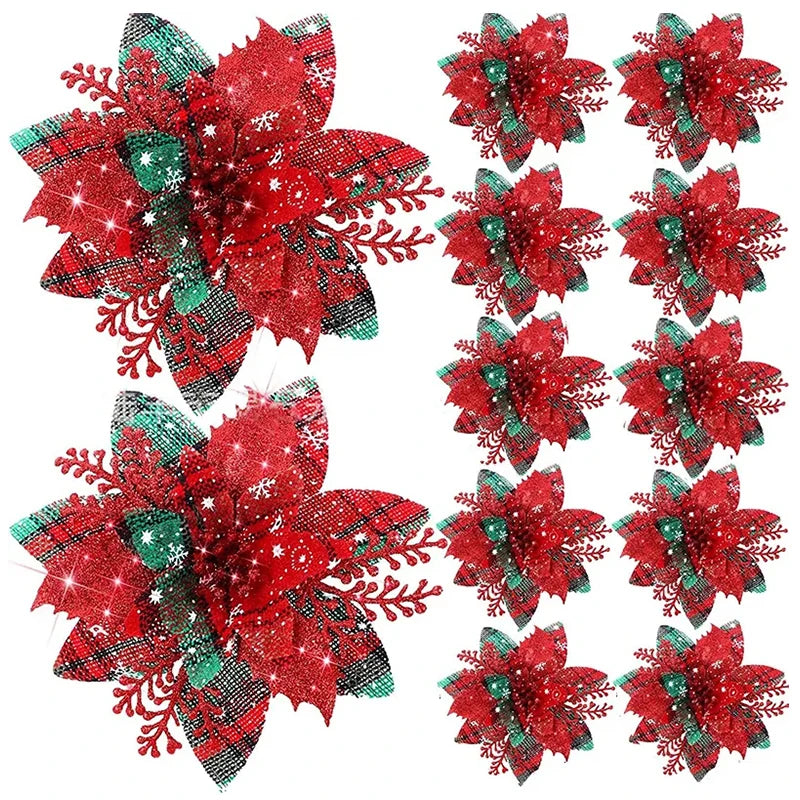 5pcs Glitter Pink Christmas Flowers Xmas Tree 14cm Artifical Flower Ornaments 2023 Merry Christmas Decoration For Home New Year