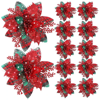 5pcs Glitter Pink Christmas Flowers Xmas Tree 14cm Artifical Flower Ornaments 2023 Merry Christmas Decoration For Home New Year