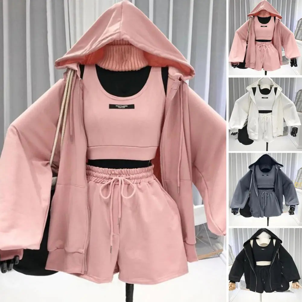 3Pcs/Set Women's Activewear Set Coordinated Vest Hoodie Sweatshirt Shorts Suit Fashionable Casual Sportswear for Sports